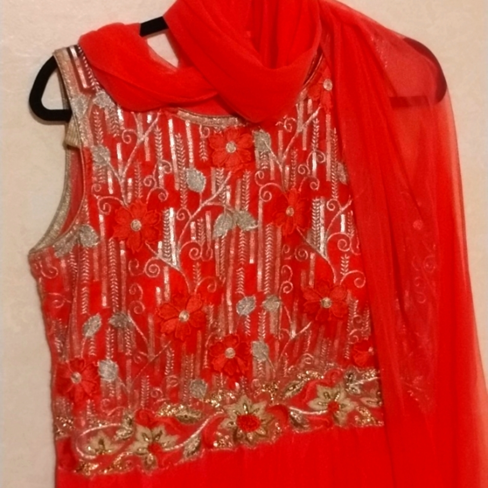 Indian gown with silky pants, drawstring waist, scarf and fabric for sleeves